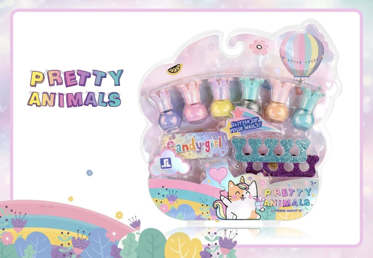 Set ojă copii Pretty Animals Engros – Glittering Makeup Set cu 7 culori și accesorii manichiură