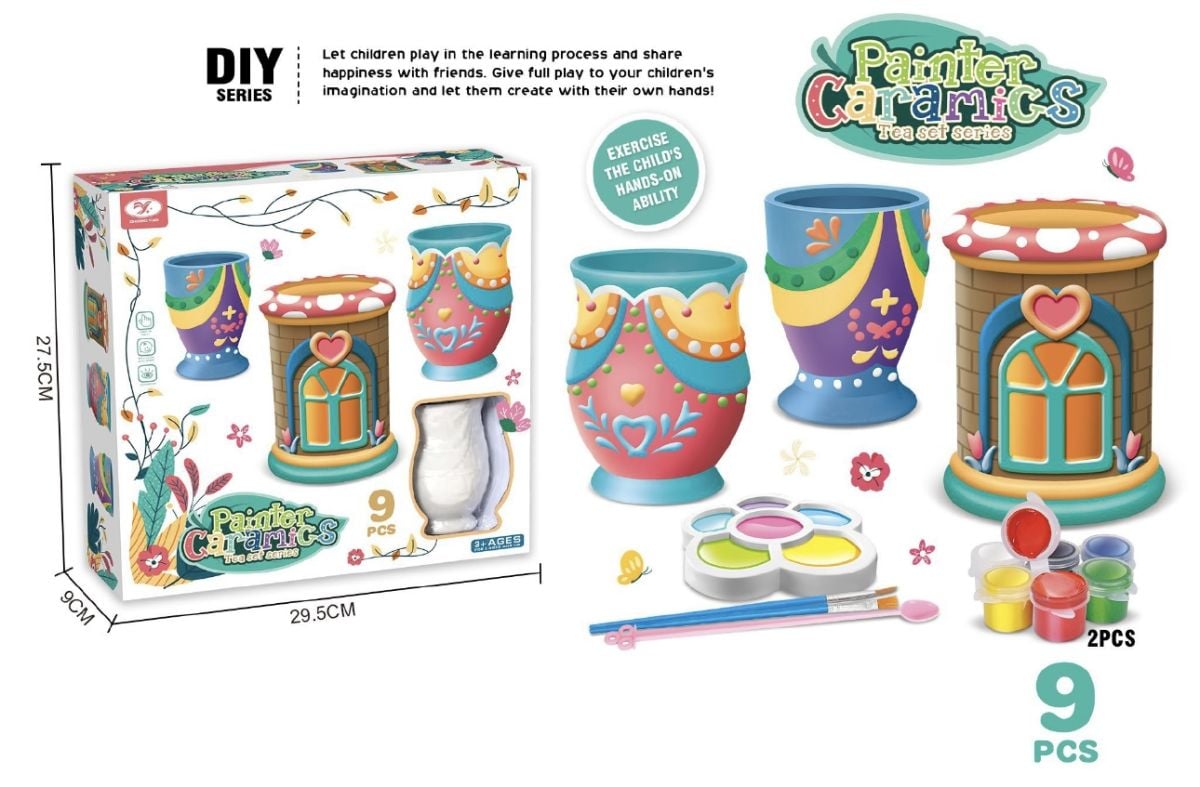 Set pictură ceramică copii Engros – Painter Ceramics DIY cu 9 piese, pensule și culori acrilice