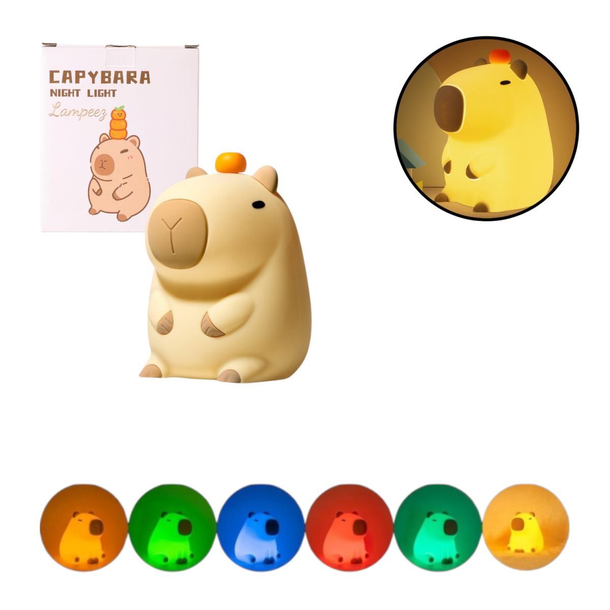 Lampa de Noapte 14x8cm pentru Copii, din Silicon Capybara, Reîncărcabilă USB, cu Temporizator și Intensitate Reglabilă, Schimbare Multicoloră Engros
