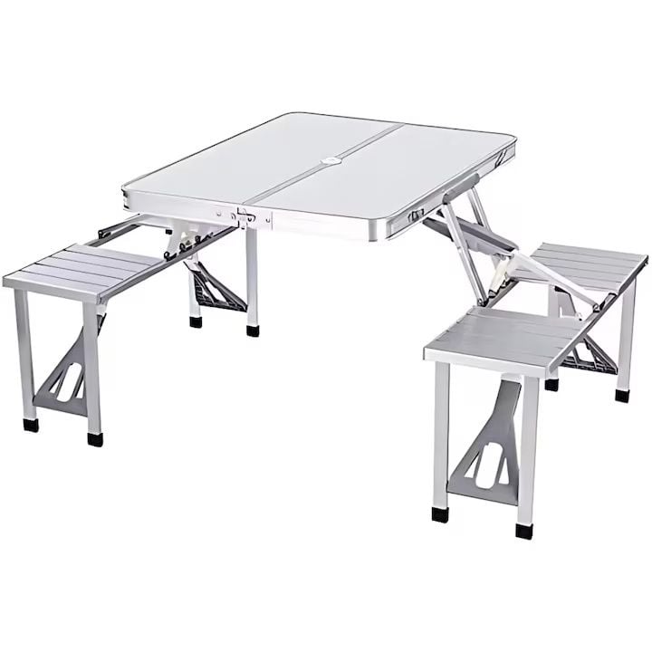 Masa pliabila engross, masa tip geamantan, masa cu 4 scaune din aluminiu, ideal pentru camping, picnic si activitati in aer liber, compacta