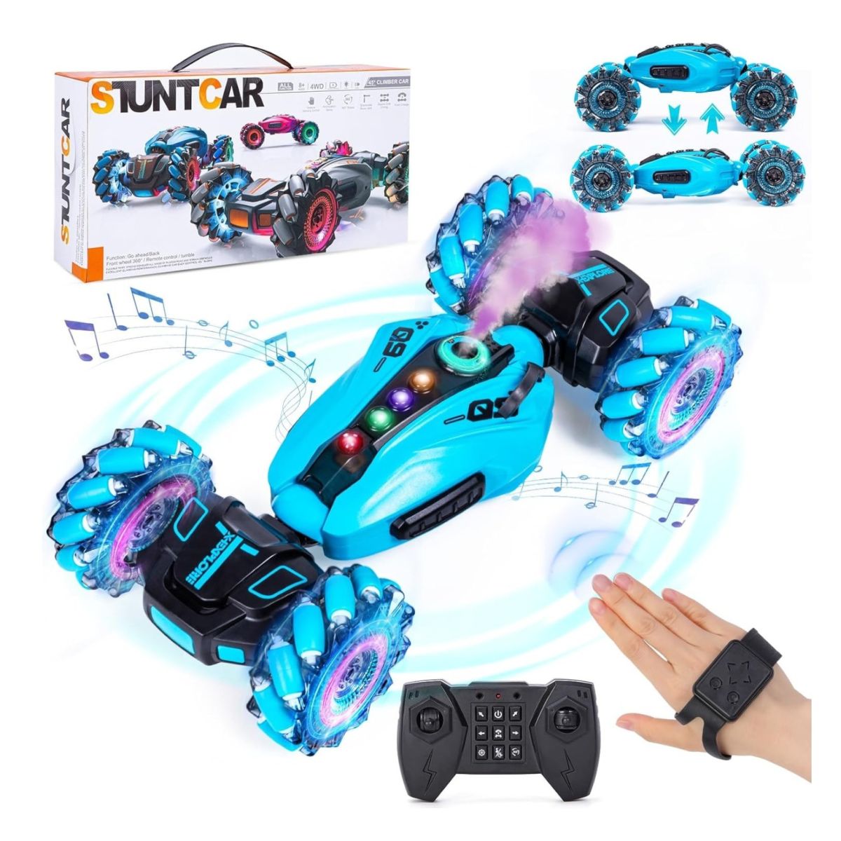 Mașină RC Stunt Highttoy 15x31x8cm 4WD cu Pulverizator, Muzică, Lumini și Rotire 360° Diferite Culori Engros