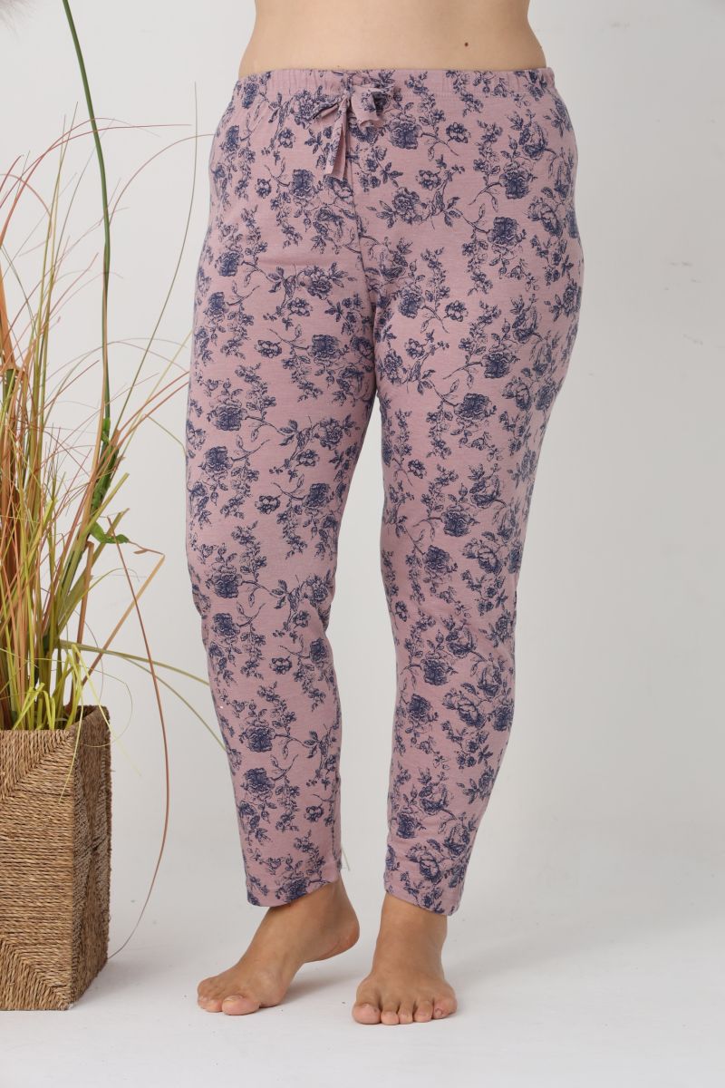 Pantaloni de Pijama Dama Lungi,Big Size,Culoare Roz Pudrat cu Flori Albastre ,Engros