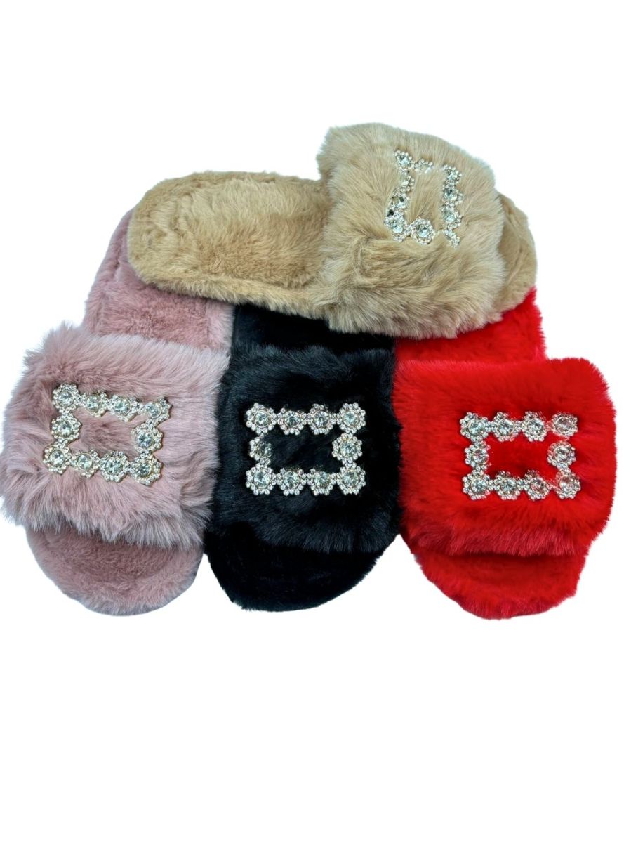 Papuci de Casa, Dama, Accesoriu Metalic Stralucitor, ,Blana Sintetica Moale, Engross, Marimi 36-41, 12 buc/serie
