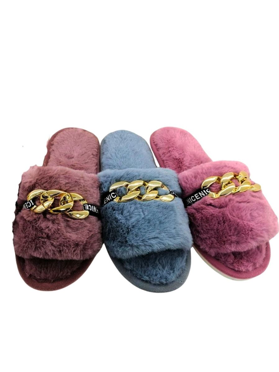 Papuci Dama Interior, Blana Sintetica Moale, Accesoriu Auriu, Engross, Marimi 36-41, 12buc/serie