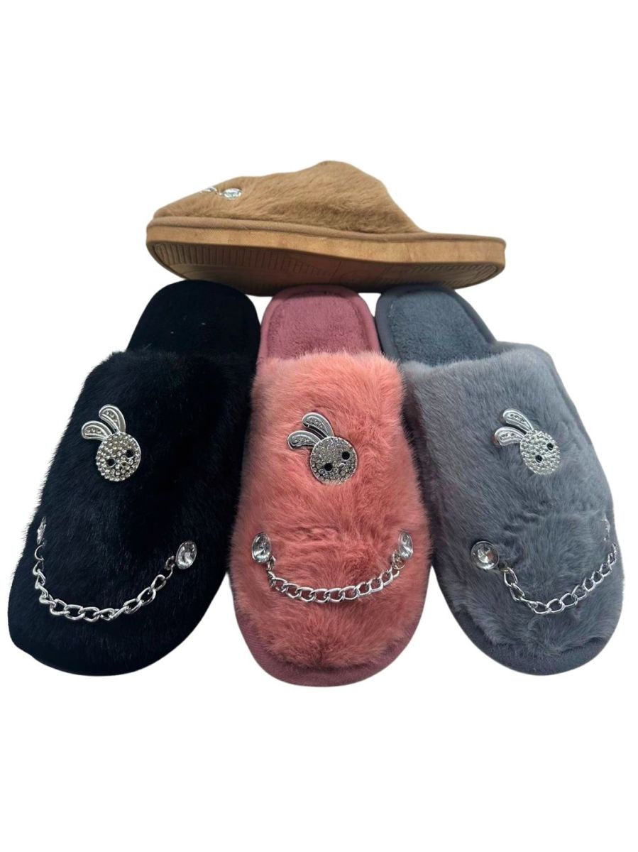 Papuci Dama Interior, Model Iepuras Sclipitor , Accesoriu Metalic Lant cu Pietre., Blana Sintetica Moale, Caldurosi, Comozi, Engross, Marimi 36-41, 12buc/serie