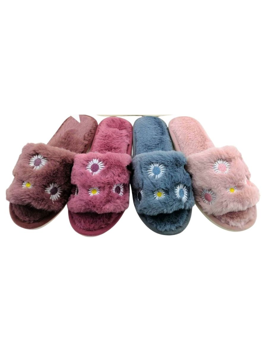 Papuci Dama Interior, Blana Sintetica Moale, Flori Cusute Multicolore, Engross, Marimi 36-41, 12buc/serie