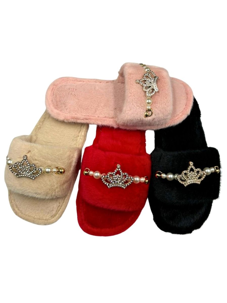 Papuci Dama Interior, Accesoriu Coroana cu Perle, Blana Sintetica Moale si Pufoasa, Caldurosi, Comozi, Engross, Marimi 36-41, 12buc/serie