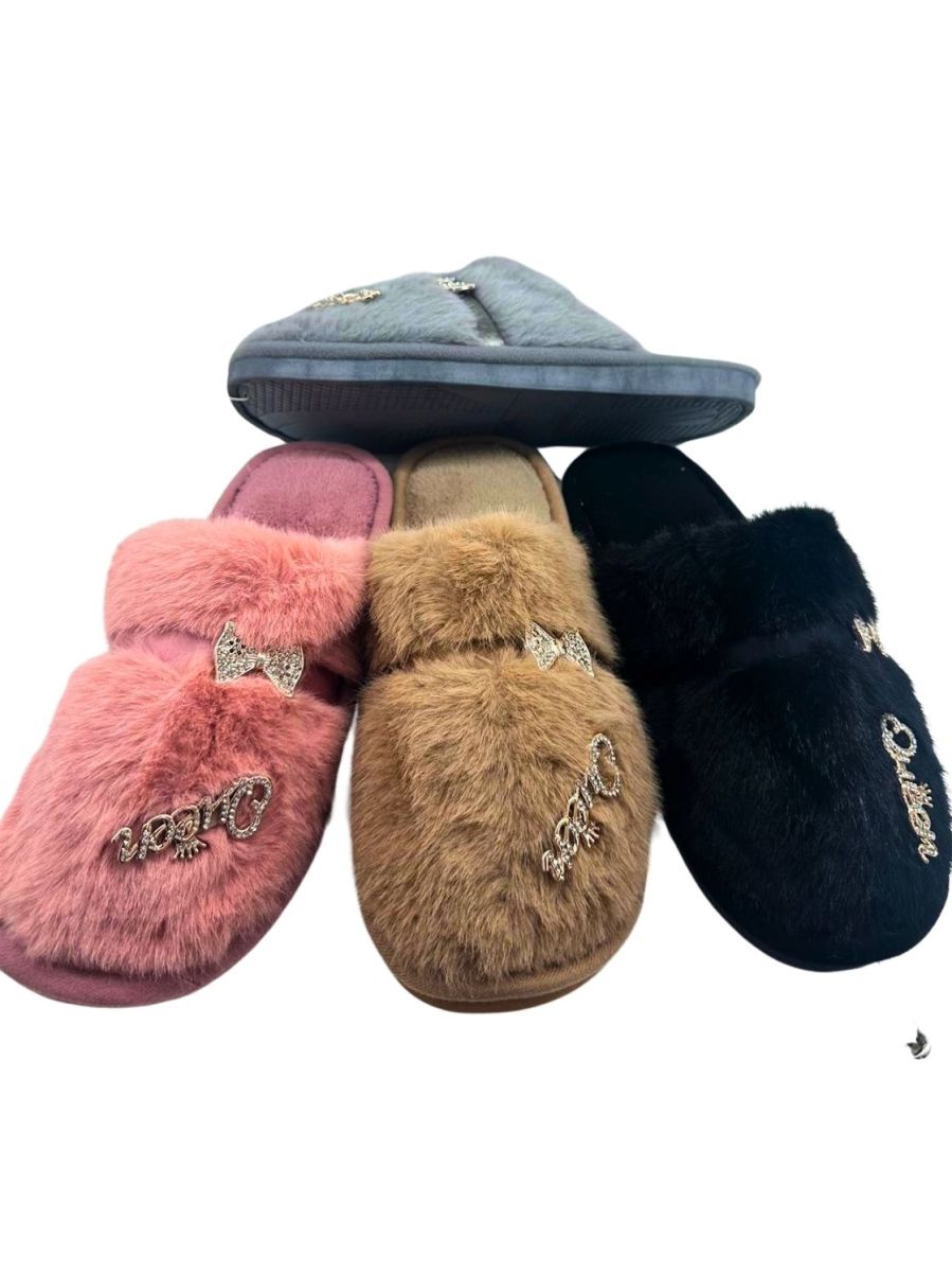 Papuci Dama Interior, Blana Sintetica Moale, Accesorii Stralucitoare, Model Tip Sabot, Engross, Marimi 36-41, 12 buc/serie