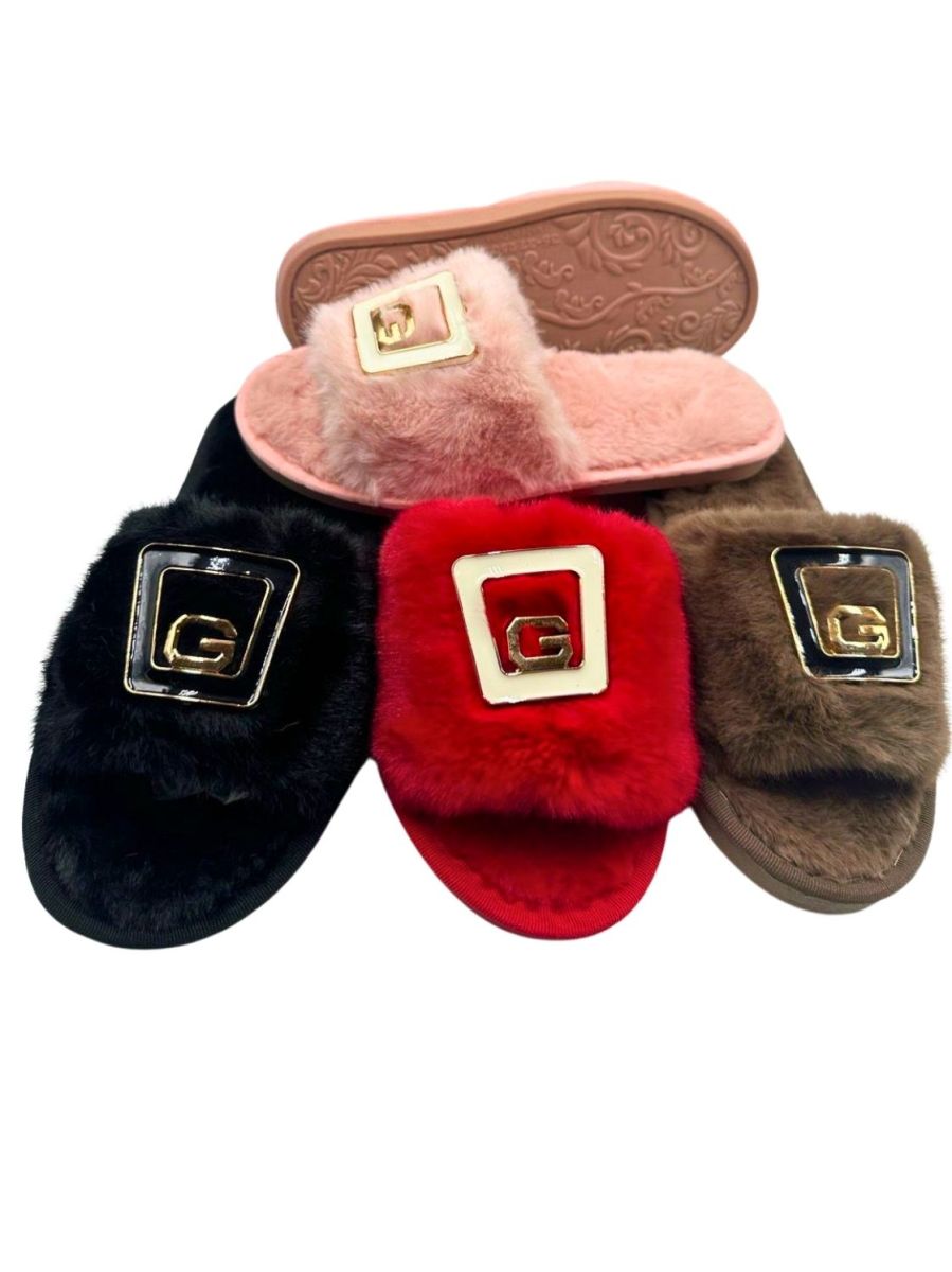 Papuci Dama Interior, Accesoriu Decorativ Auriu, Blana Sintetica Moale, Talpa Flexibila, Engross, Marimi 36-41, 12buc/serie