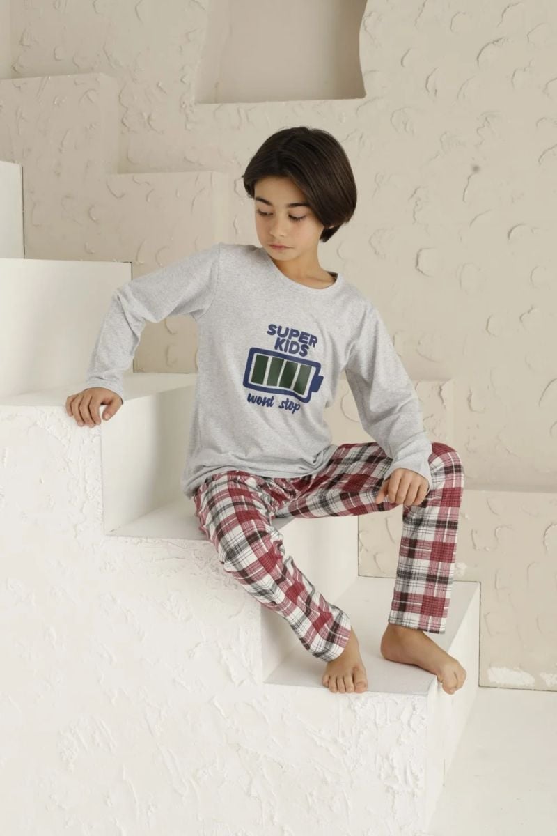 Pijama Băieți, Mânecă Lungă si Pantaloni Lungi, Imprimeu Super Kids,Culoare Gri,Engros
