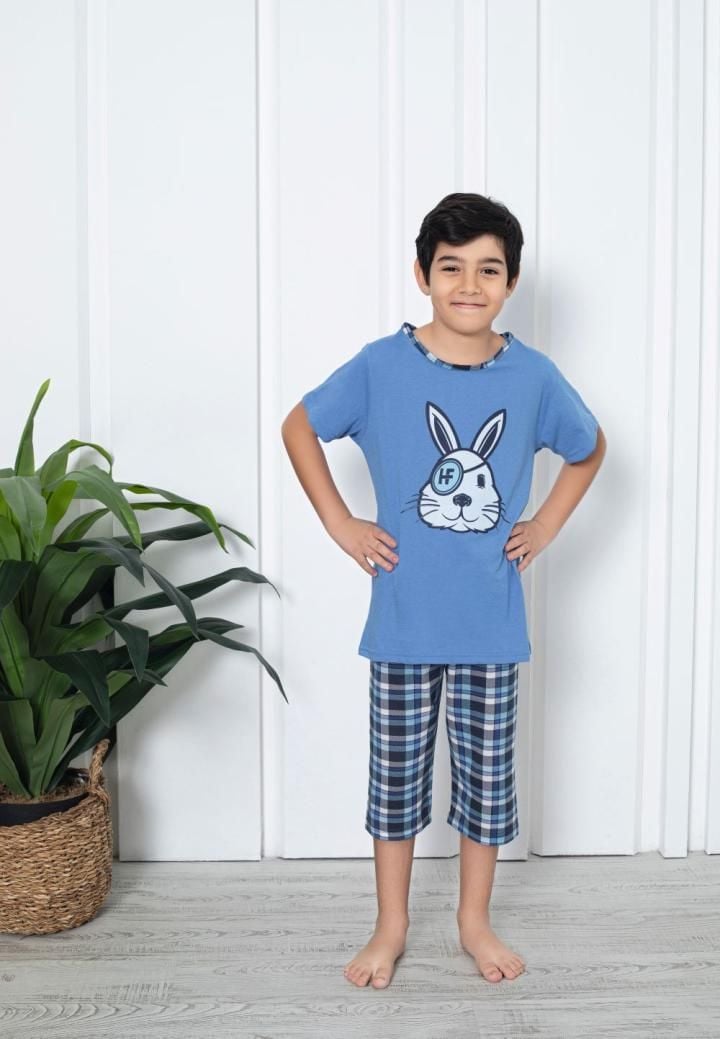 Pijama băieți, mânecă scurtă si pantalon 3/4, imprimeu iepure haios, albstru  ,Engros