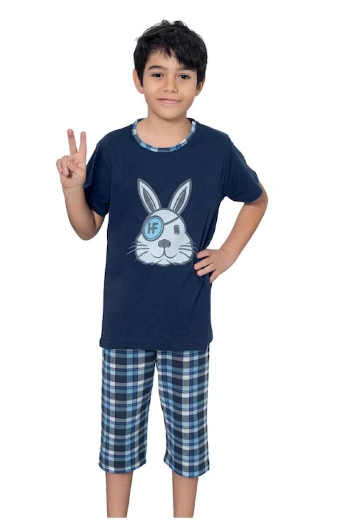 Pijama băieți, mânecă scurtă si pantalon 3/4, imprimeu iepure haios, albstru  inchis ,Engros