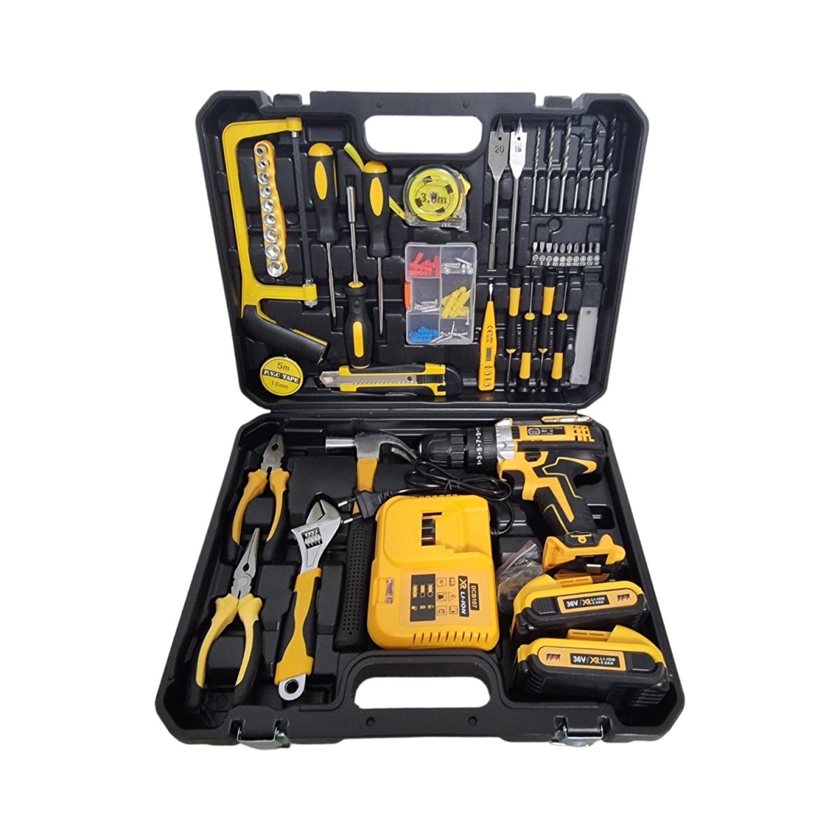 Trusa masina de gaurit si insurubat cu percutie engross, mandrina rapida 13 mm, 1500 rpm, extra accesorii 119 piese, 36V, 5 Ah, cu 2 acumulatori Li-Ion si incarcator, galben