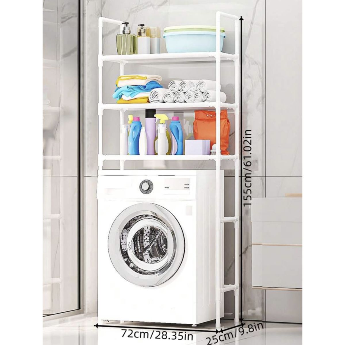 Raft depozitare engross pentru baie,  masina de spalat, cu 3 polite, alb, 155x72x25cm