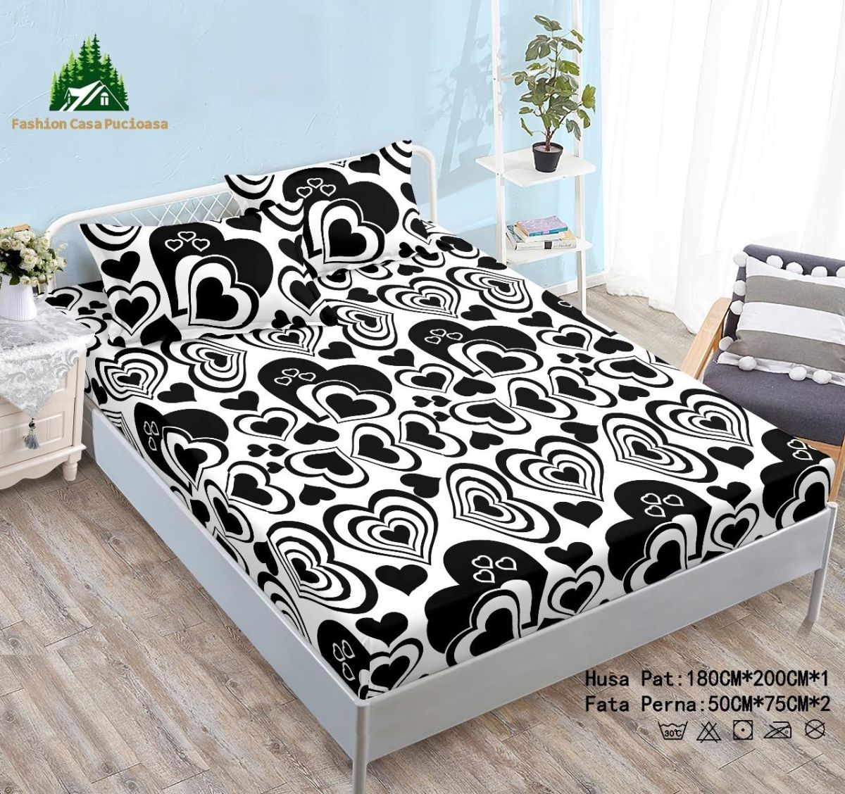 TRIO Huse En-Gros, SERIE 3 MODELE DIFERITE, Material Cocolino Premium cu Elastic, Set 3 Piese, 180x200 CM, cu 2 Fete de Perna Incluse