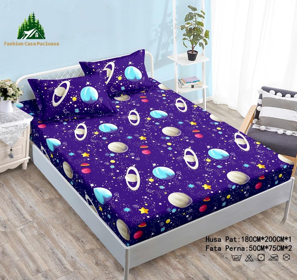 TRIO Huse En-Gros, SERIE 3 MODELE DIFERITE, Material Cocolino Premium cu Elastic, Set 3 Piese, 180x200 CM, cu 2 Fete de Perna Incluse