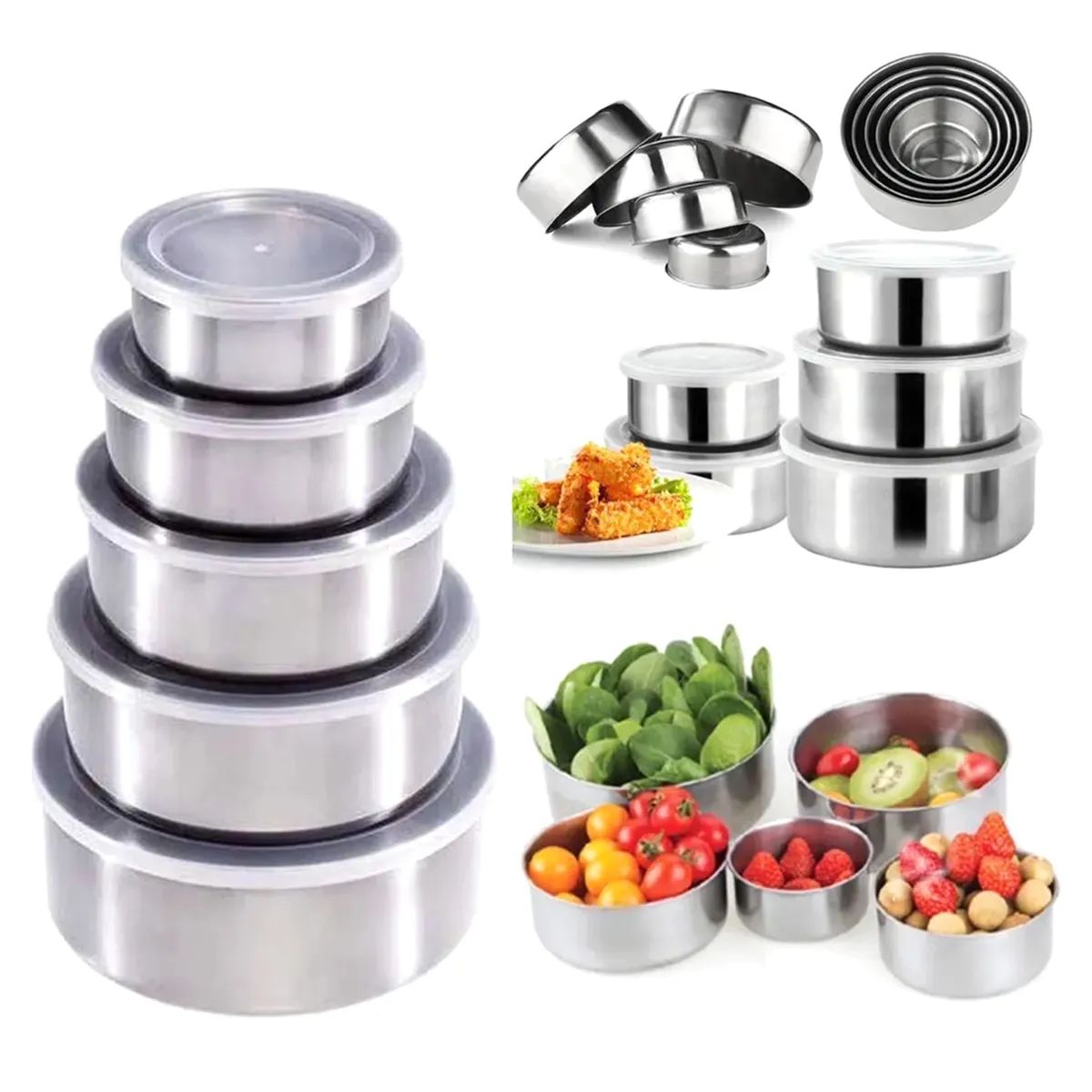 Set 5 boluri inox cu capace, 10 cm / 12 cm / 14 cm / 16 cm / 18 cm, stivuibile, pentru depozitare și servire alimente, En-gros