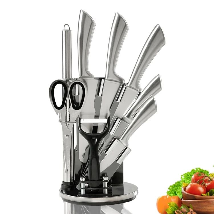 Set 6 cuțite inox (20–25 cm) + foarfecă, curățător legume și ascuțitor, cu suport rotativ, 9 piese, En-gros