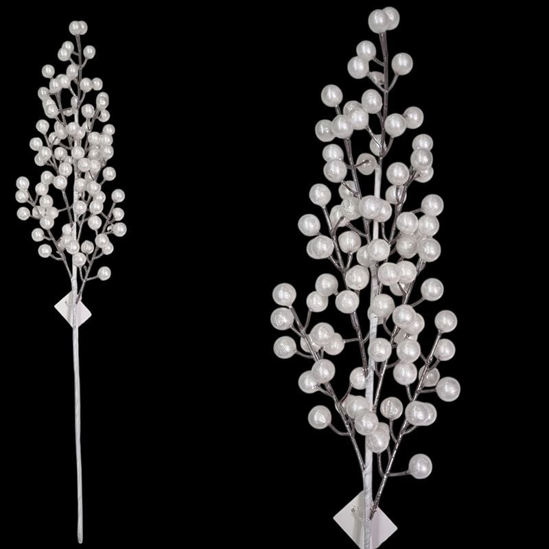 Creanga Craciun decorativa cu bobite albe sidefate, engros 67 cm lungime