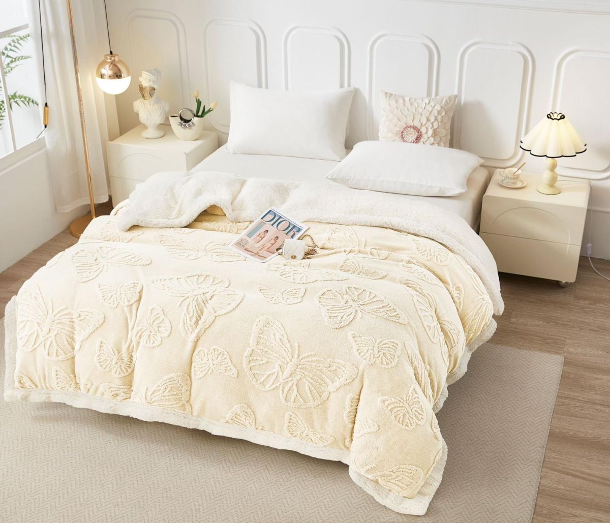 Paturi En-Gros, Bej, Material Cocolino Premium cu Blanita, 200x230, pentru Pat Dublu, Model Tricotat cu Fluturi