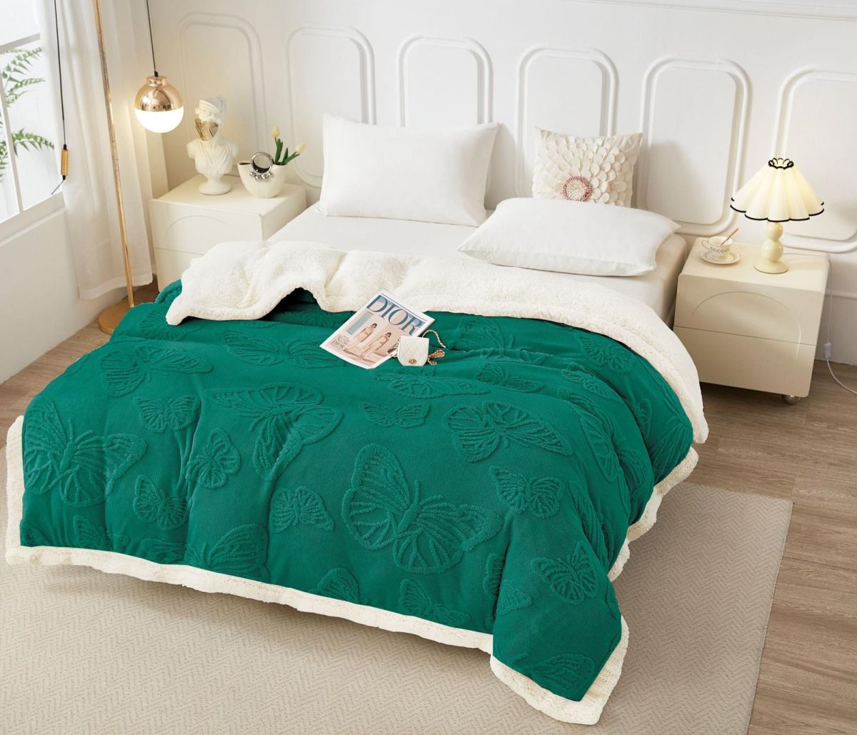 Paturi En-Gros, Verde inchis, Material Cocolino Premium cu Blanita, 200x230, pentru Pat Dublu, Model Tricotat cu Fluturi