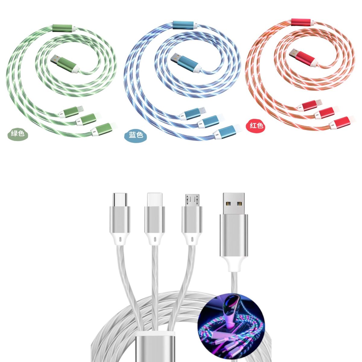 Cablu de Date 3in1 Luminos 1m, USB Tip C, Micro USB, iPhone, cu LED Multicolor și Înveliș Protector TPE, Diferite Culori Engros