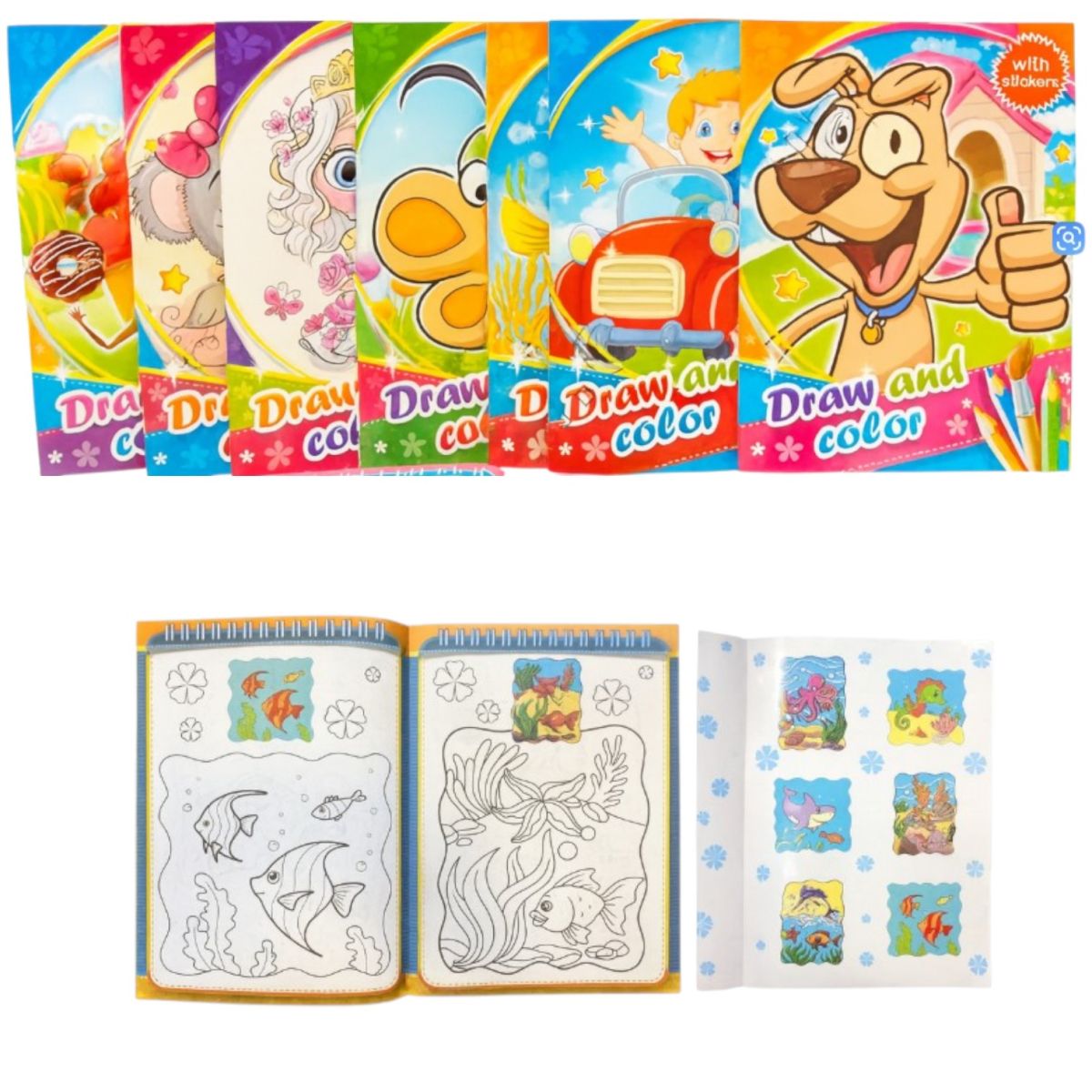 Cărți de Colorat 12/set cu Stickere A4, 28x21cm Diferite Modele Engros