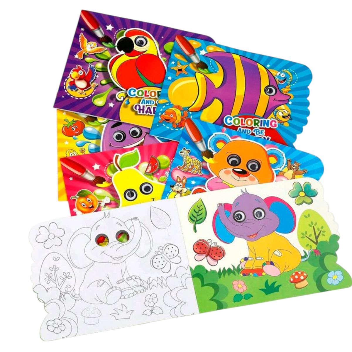 Cărți de Colorat 12/set cu Ochi Mobili, Pagini Interactive 27x21cm pentru Copii, Diferite Modele Engros