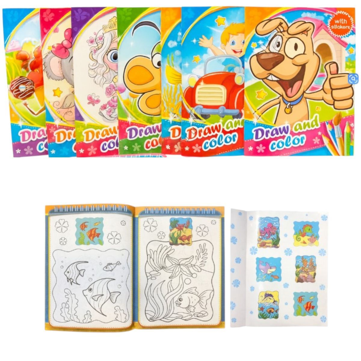 Cărți de Colorat 12/set cu Stickere A4, 28x21cm Diferite Modele Engros