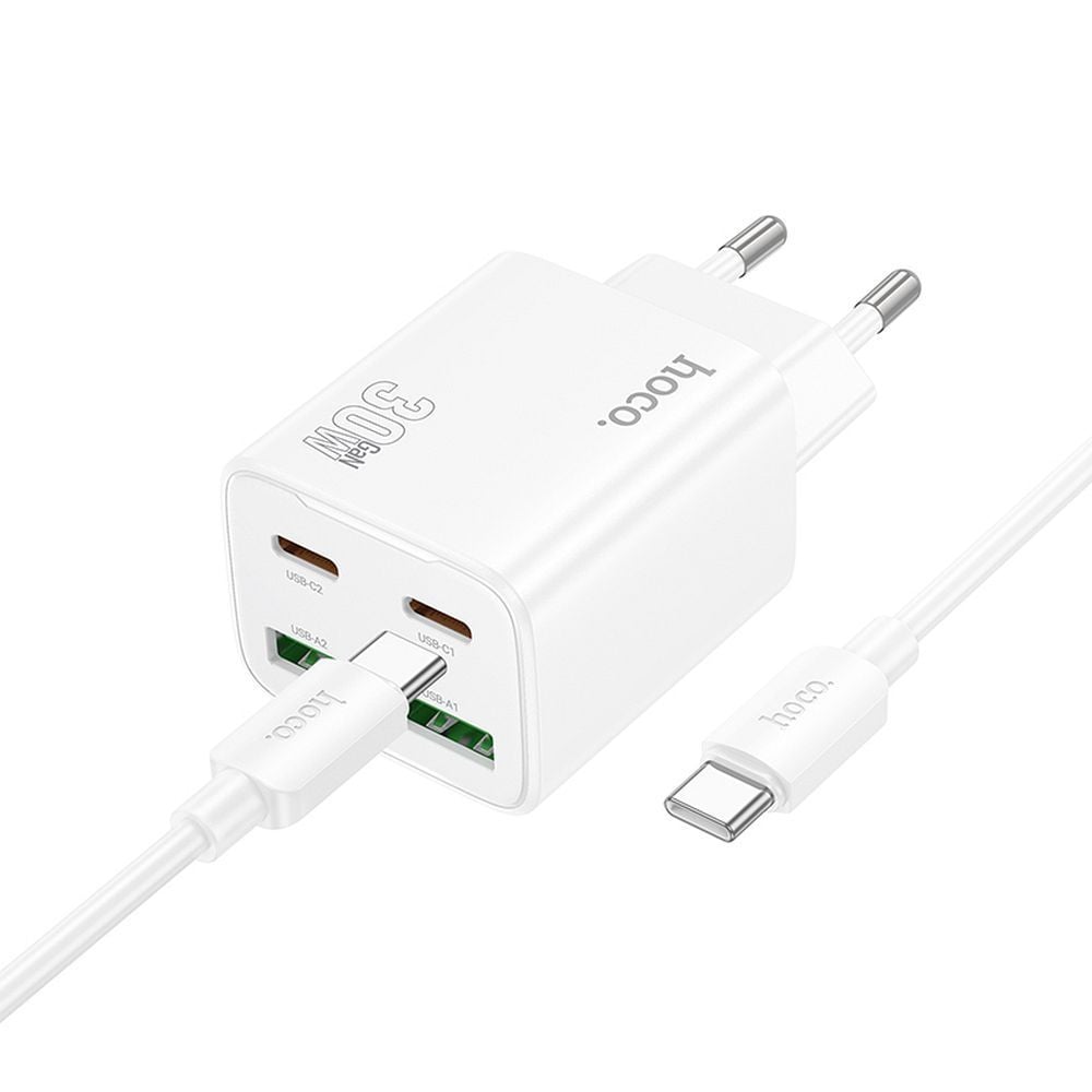 Set Incarcator 2 x Type C + 2 x USB A + Cablu Type C La Type C, PD QC3.0, 3A, 30W, Hoco N56, Alb Engros