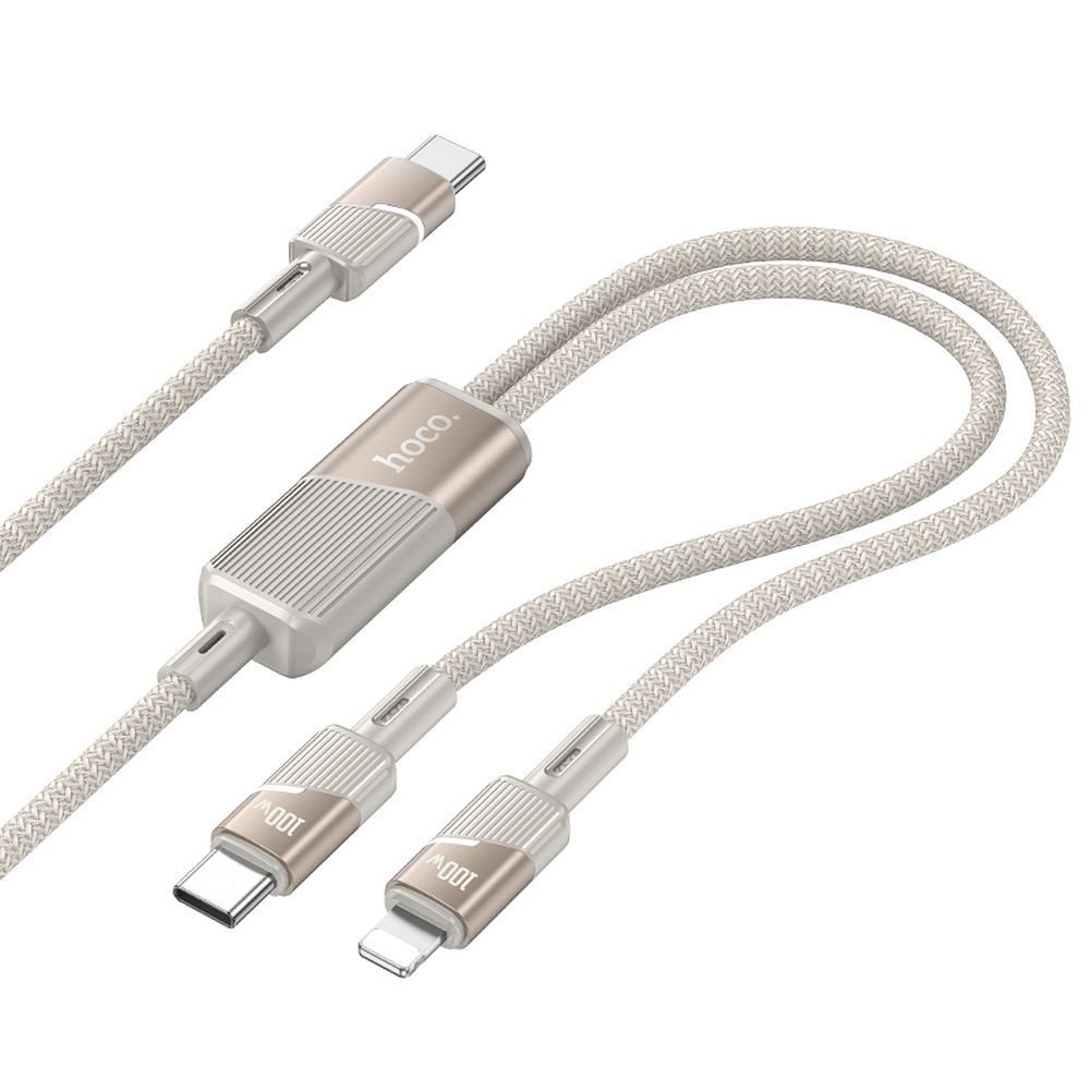 Cablu 2in1 USB C La USB C + Lightning, 5A, 100W, 1.2m, Hoco U139, Auriu Engros