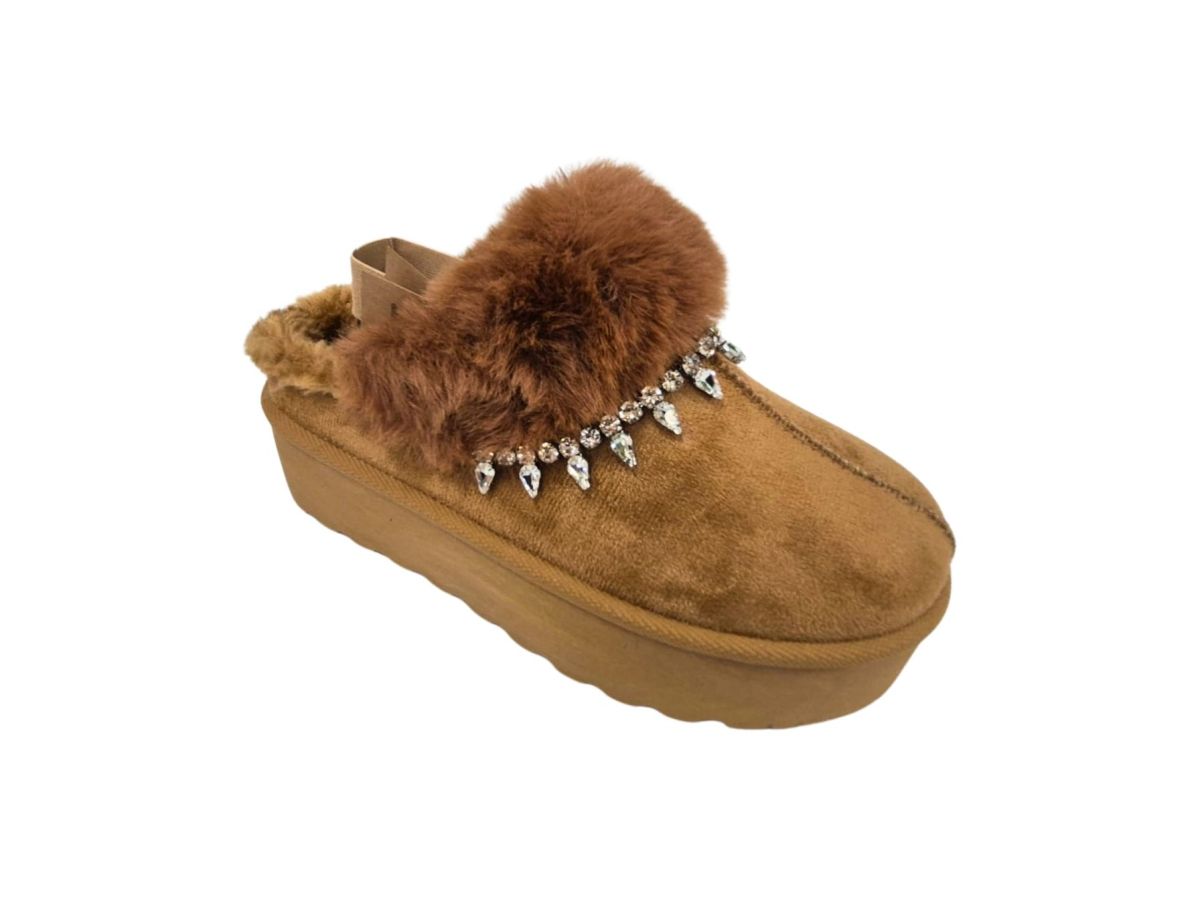 Papuci Dama Exterior , Tip UGG, Imblaniti, Material tip Suede, Aplicatii Stralucitoare, Talpa Inalta,Engross, Marimi 36-41, 8buc/bax camel