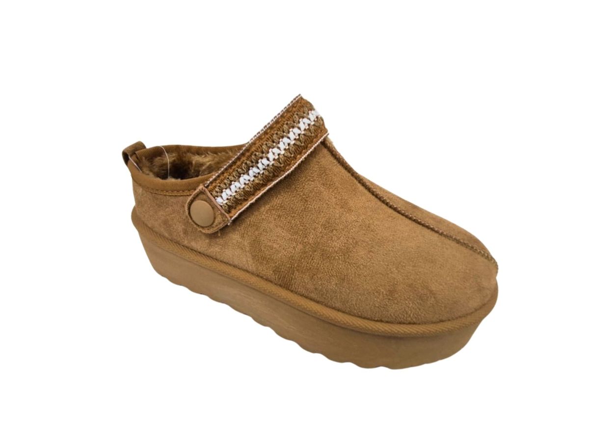 Papuci Dama Imbalniti, UGG tip Sabot, Material tip Suede, Talpa Inalta, Bareta Mobila cu Imprimeu Cusut, Engross, Marimi 36-41, 8buc/serie camel