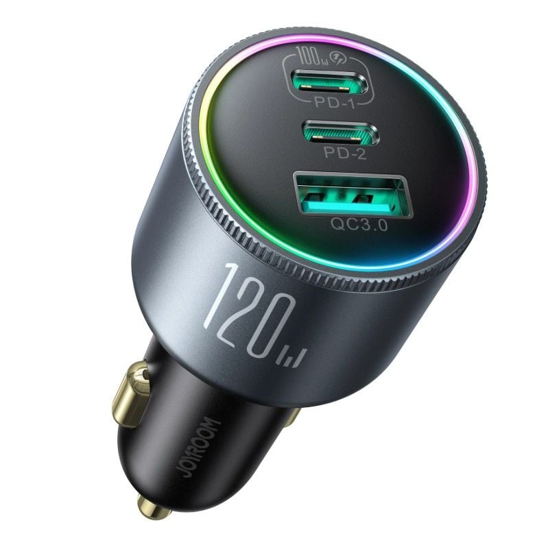 Incarcator auto Joyroom, Type-C si USB, Incarcare rapida 120W, Led colorat, Negru JR-CCN07 Engros