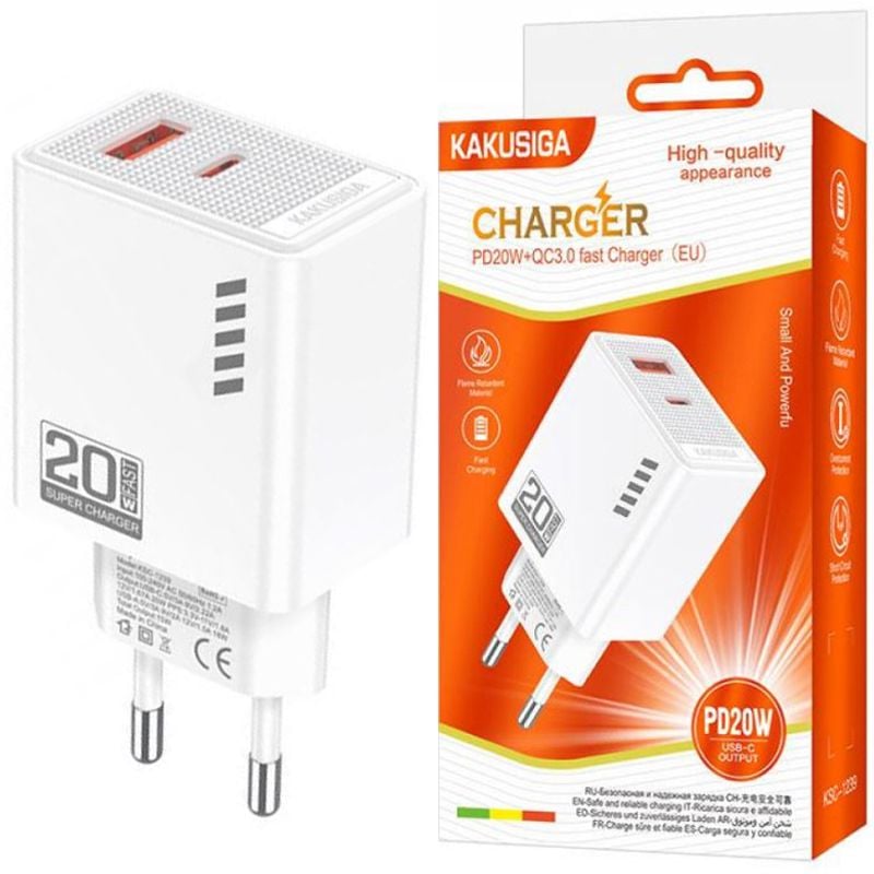 Adaptor Priza KSC-1239 EU, Type-C si USB, Incarcare rapida, Putere 20W, Alb Engros