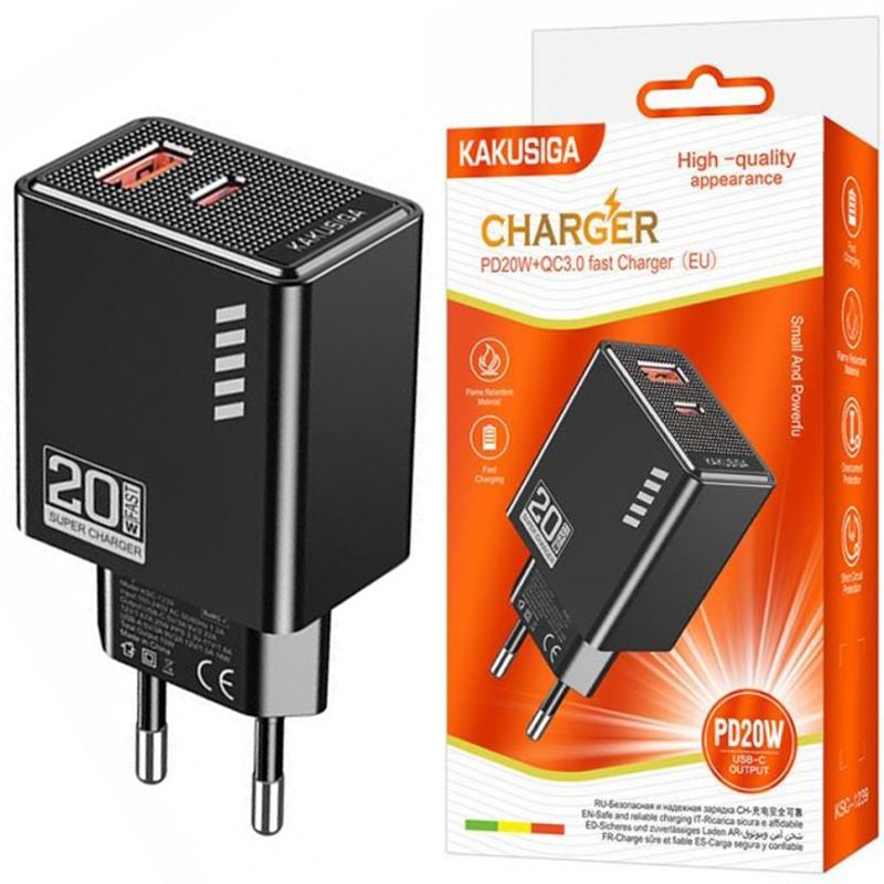 Adaptor Priza KSC-1239 EU, Type-C si USB, Incarcare rapida, Putere 20W, Negru Engros