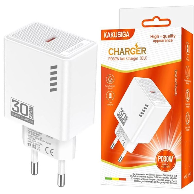 Adaptor Priza KSC-1241 EU, Port Type-C, Incarcare rapida, Putere 30W, Alb Engros