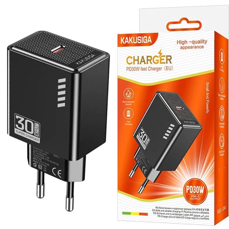 Adaptor Priza KSC-1241 EU, Port Type-C, Incarcare rapida, Putere 30W, Negru Engros