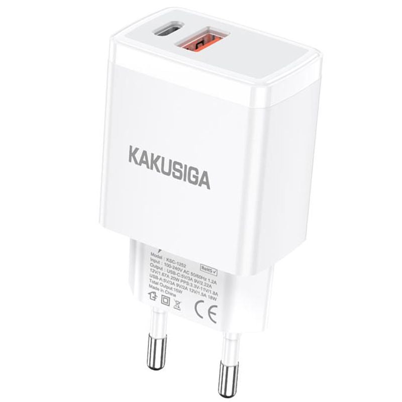 Adaptor KSC-1252, Retea EU, Incarcare rapida 20W, USB + Type-C, Alb Engros
