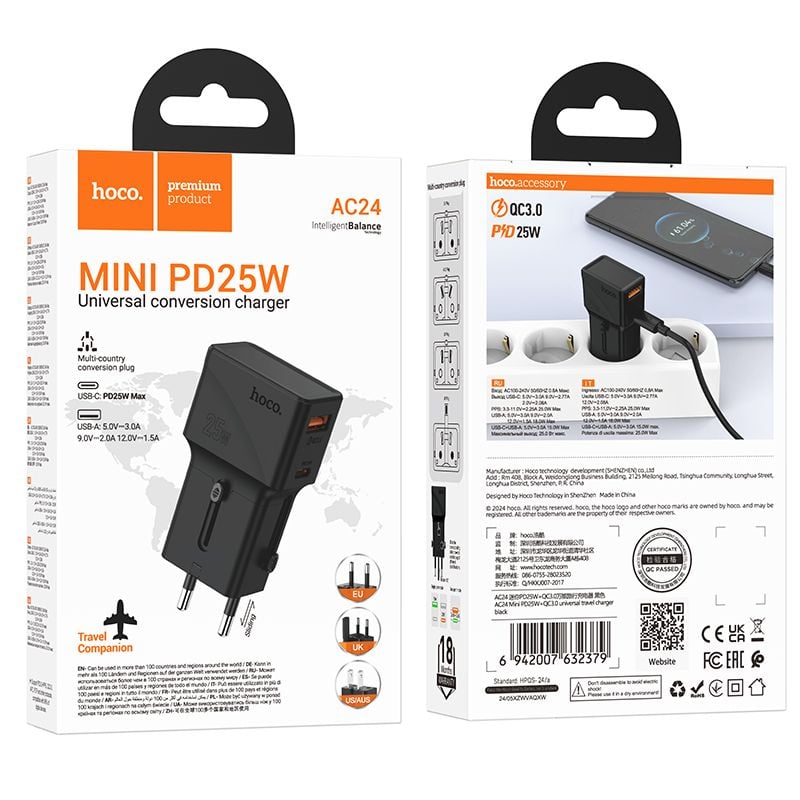 Set Adaptor Hoco AC24 si Cablu Type-C, Multi-Conector EU/UK/US/AUS, USB + Type-C, Negru Engros