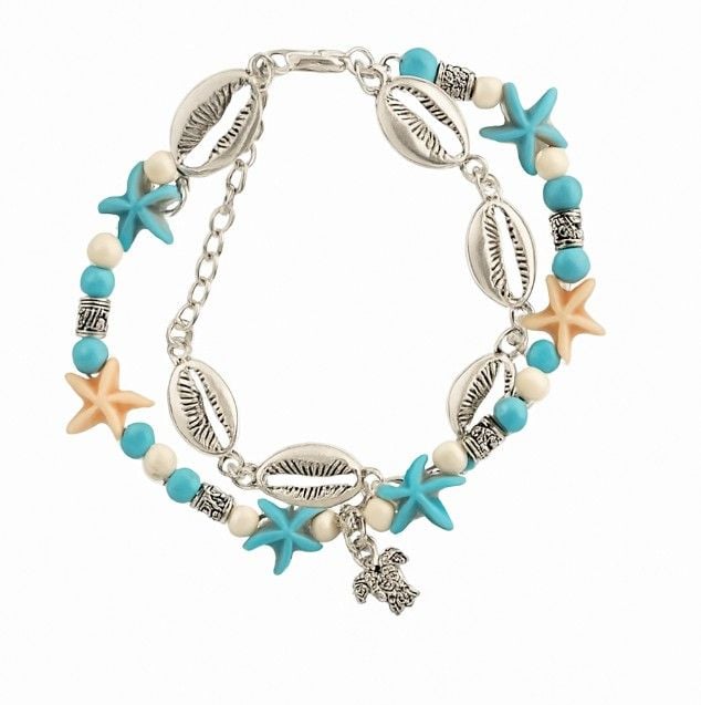 Bratara de Picior Dubla, Stil Boho Marin, Cu Scoici, Stele si Testoasa, Reglabila, Argintiu Engros