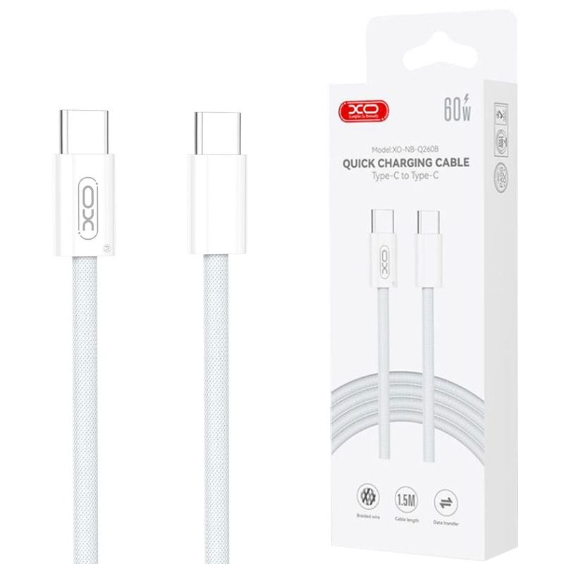 Cablu XO-Q260B, Type-C la Type-C, 1.5M, pentru iPhone 15/16 si Android, Transfer date, Incarcare rapida 60W, Alb Engros