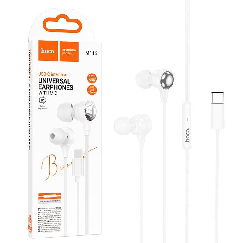 Casti cu Fir Type-C HOCO M116, Compatibile iPhone 15/16/17 si Android, Cablu 1.2M, Microfon, Alb Engros