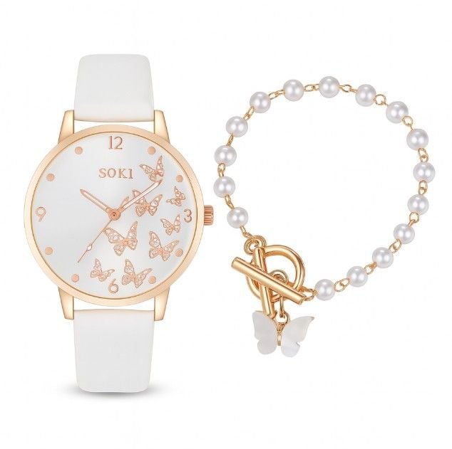 Ceas Alb Cu Cadran Fluturi și Brățară Perle, Fluture, Set Accesorii Stilate Pentru Femei Engros