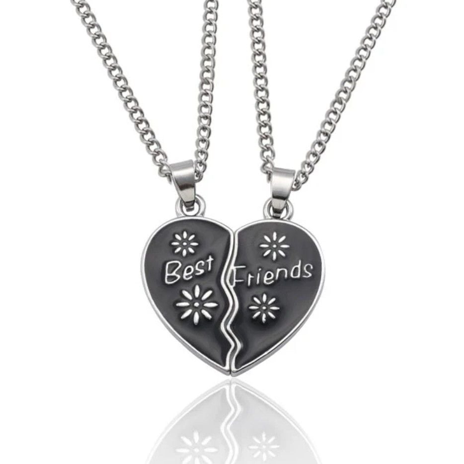Coliere Inima Best Friends, Design Floral, Cadou Pentru Doua Prietene, Argintiu Negru Engros