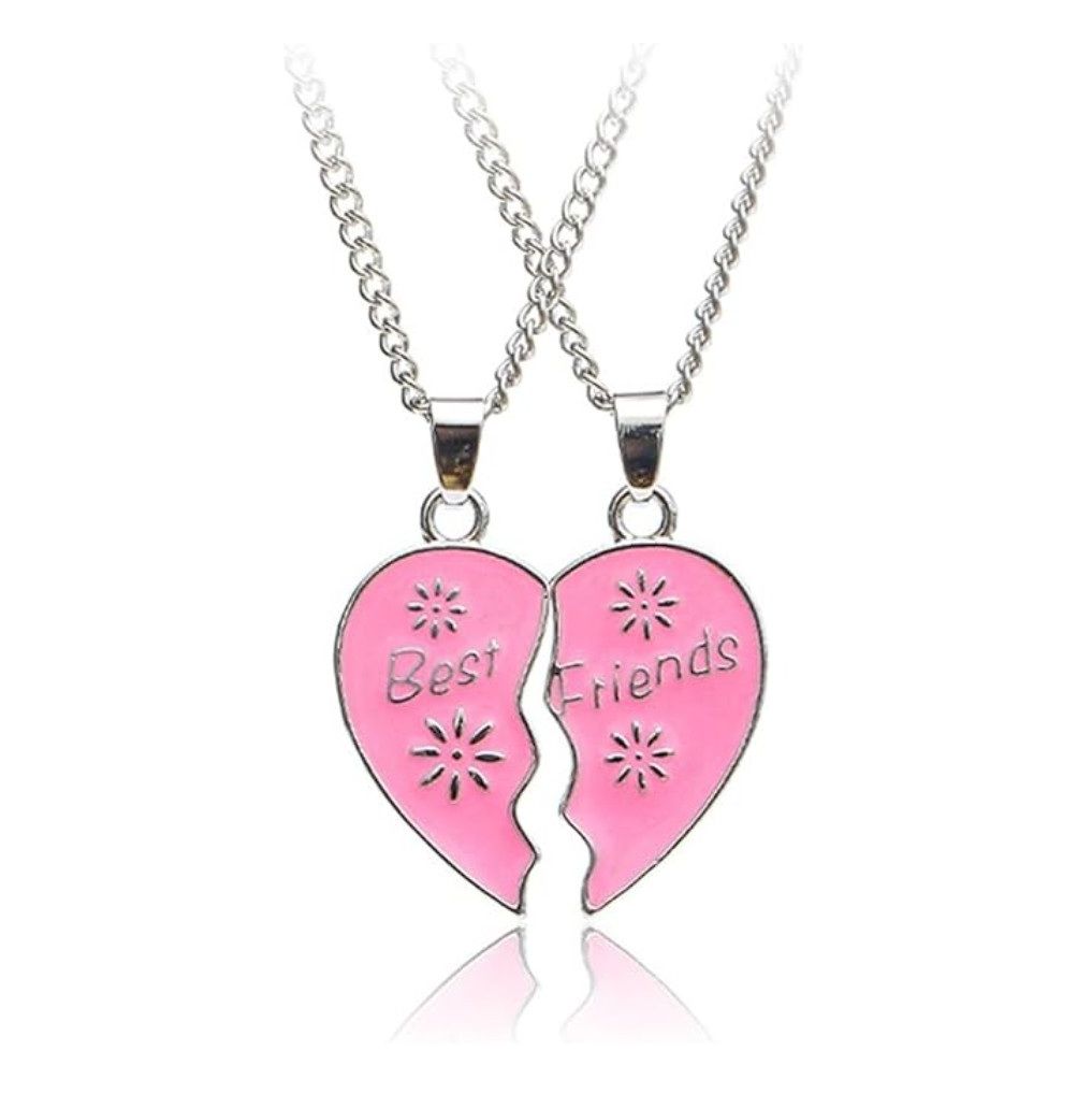 Coliere Inima Best Friends, Design Floral, Cadou Pentru Doua Prietene, Argintiu Roz Engros