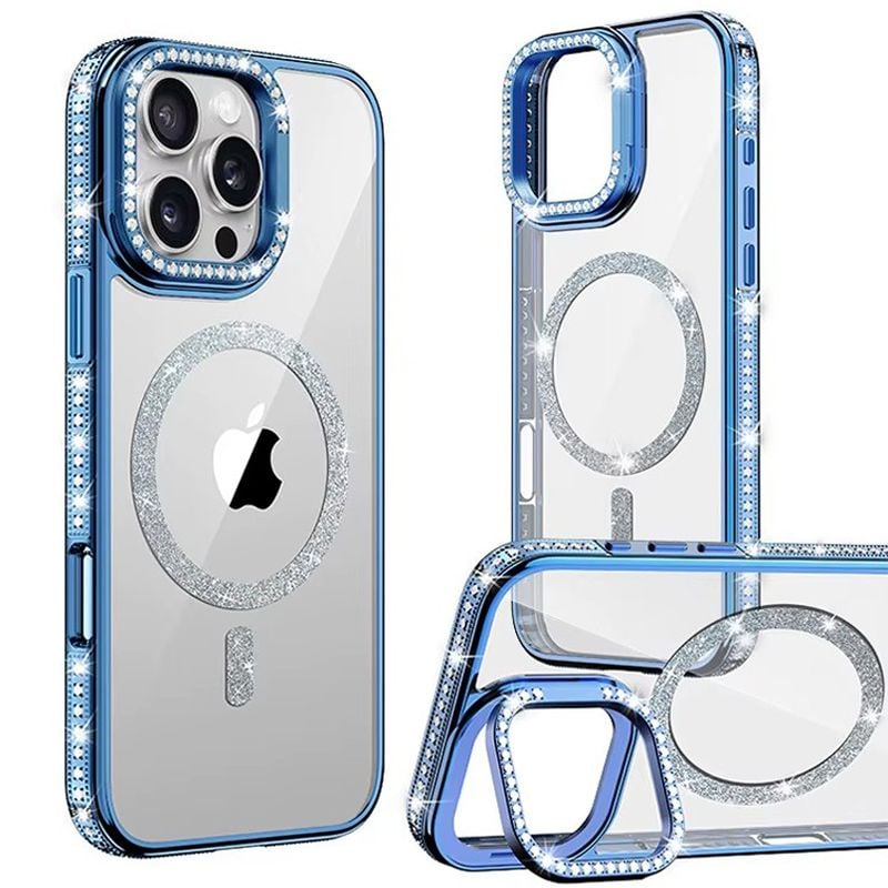 Husa Crystal MagSafe, Suport camera, iPhone 16 Pro, Strasuri si sclipici, Protectie antisoc, Albastru Engros