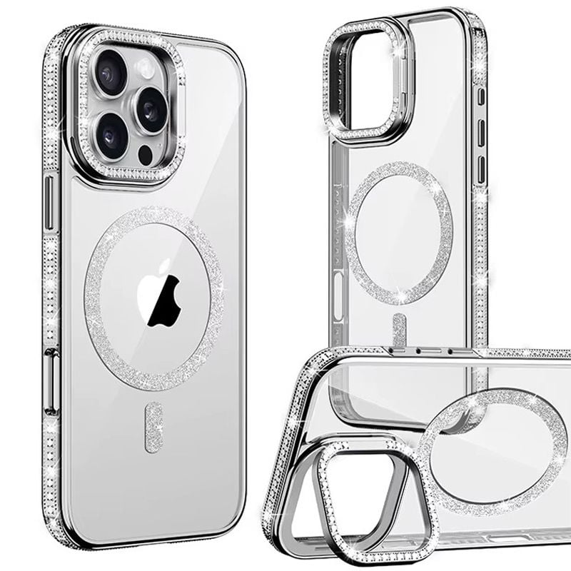 Husa Crystal MagSafe, Suport camera, iPhone 15 Pro Max, Strasuri si sclipici, Protectie antisoc, Argintiu Engros