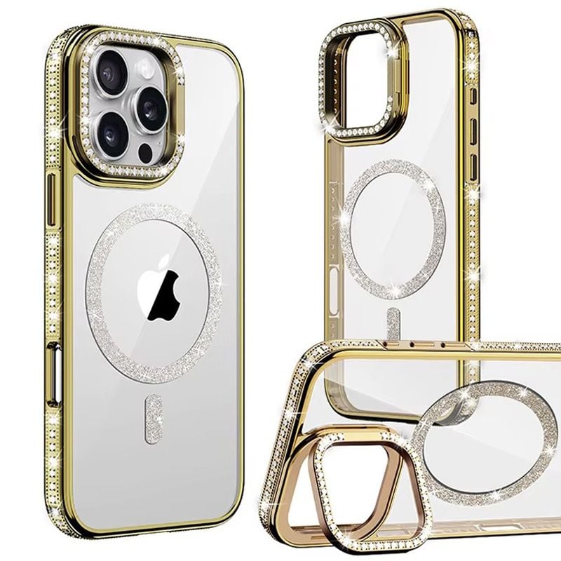 Husa Crystal MagSafe, Suport camera, iPhone 15 Pro, Strasuri si sclipici, Protectie antisoc, Auriu Engros