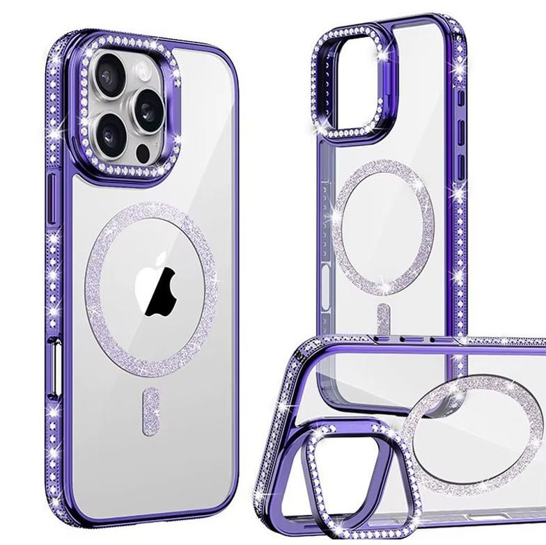 Husa Crystal MagSafe, Suport camera, iPhone 15 Pro, Strasuri si sclipici, Protectie antisoc, Mov Engros